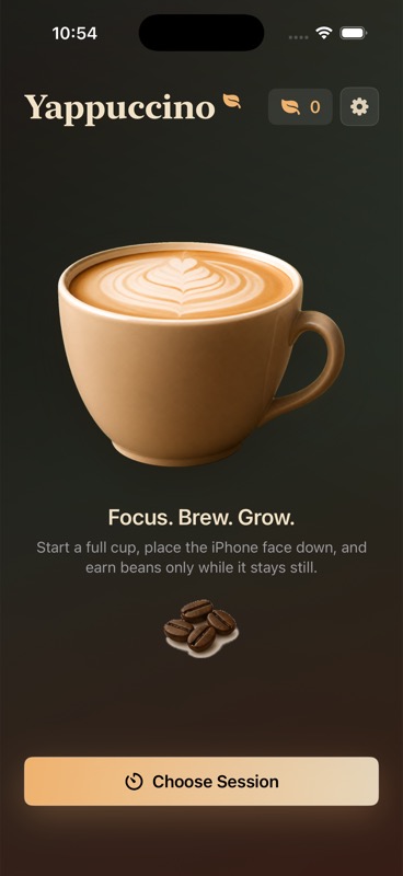 Yappuccino home screen with a latte cup and choose session button