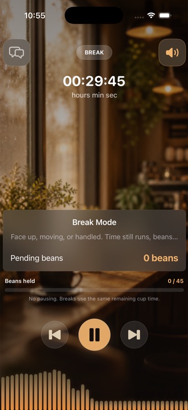 Yappuccino break mode with radio controls and equalizer